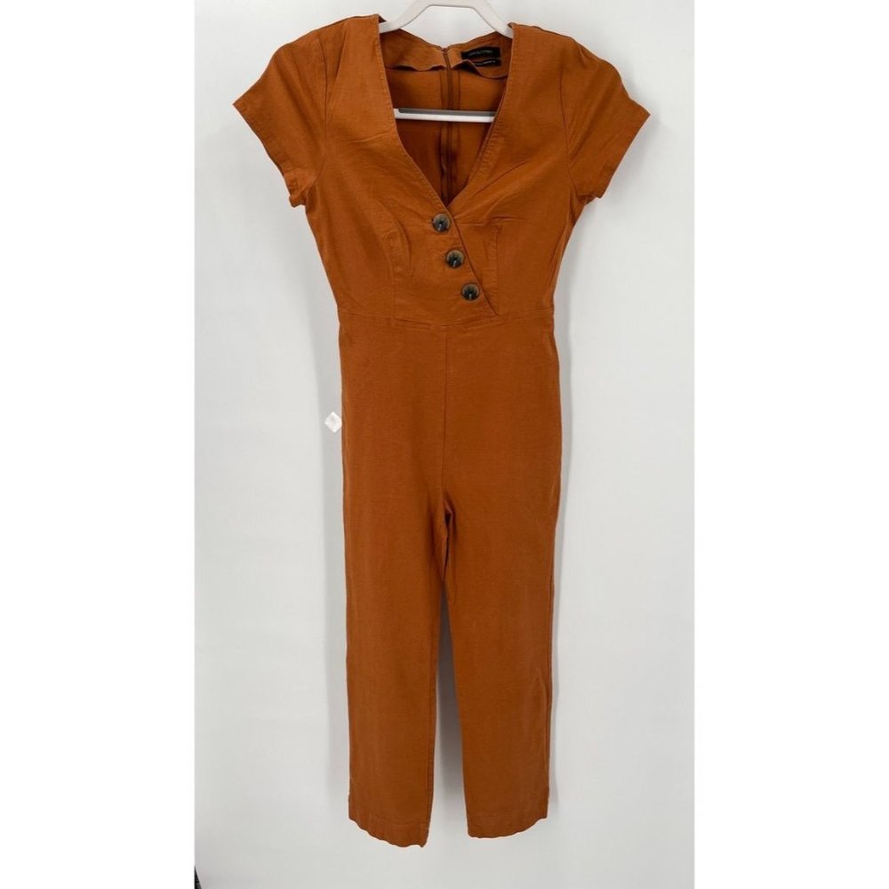 Urban Outfitters Karen Surplice Button Down Jumpsuit Size S Linen Blend Orange